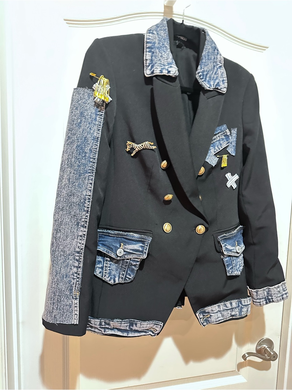 Upcycled Black Double-Breasted denim accent Blazer size S - Picture 2 of 3